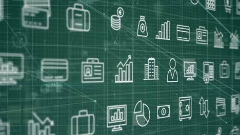 animation of icons over network of connections and data processing