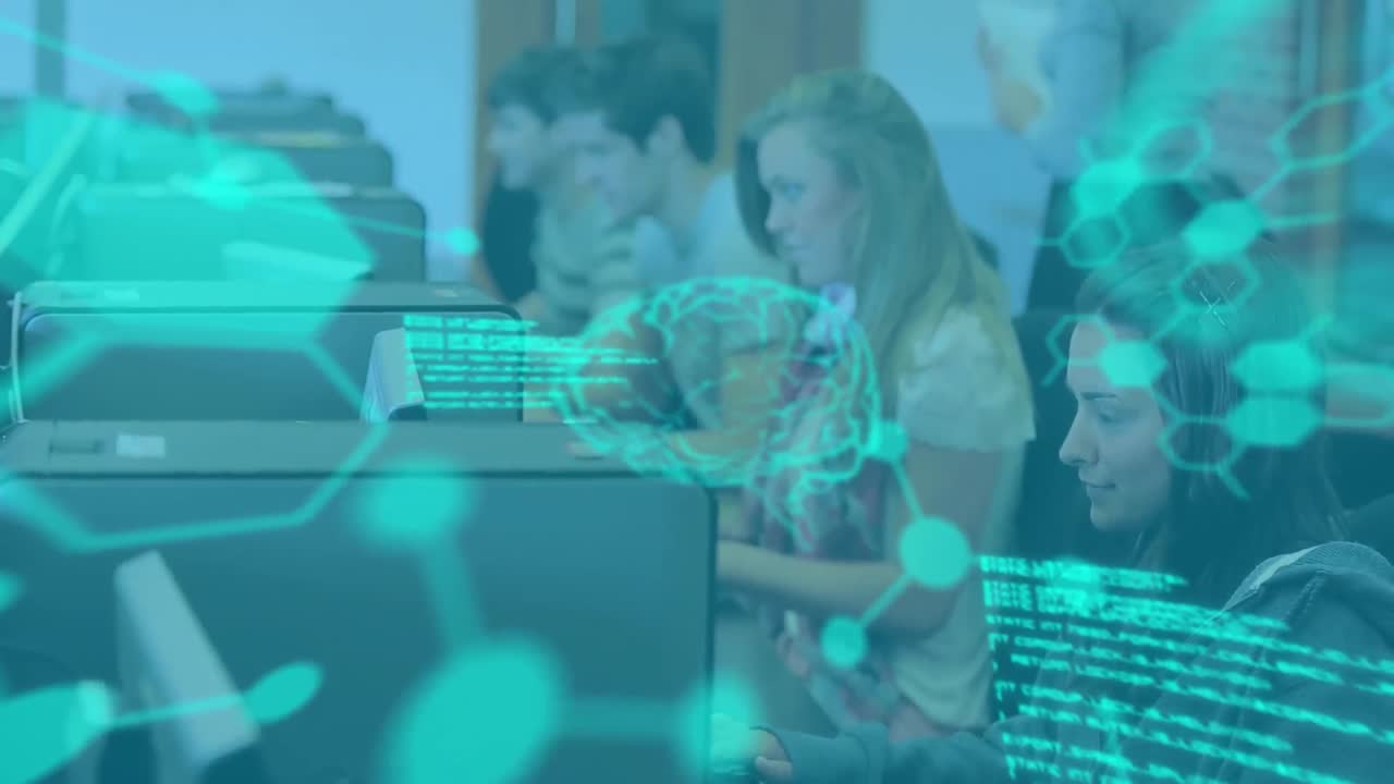 Animation of data processing over group of students using computers