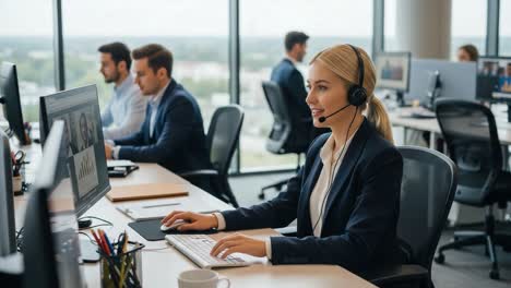 business people working in a modern office with a focus on a woman wearing a headset at her computer