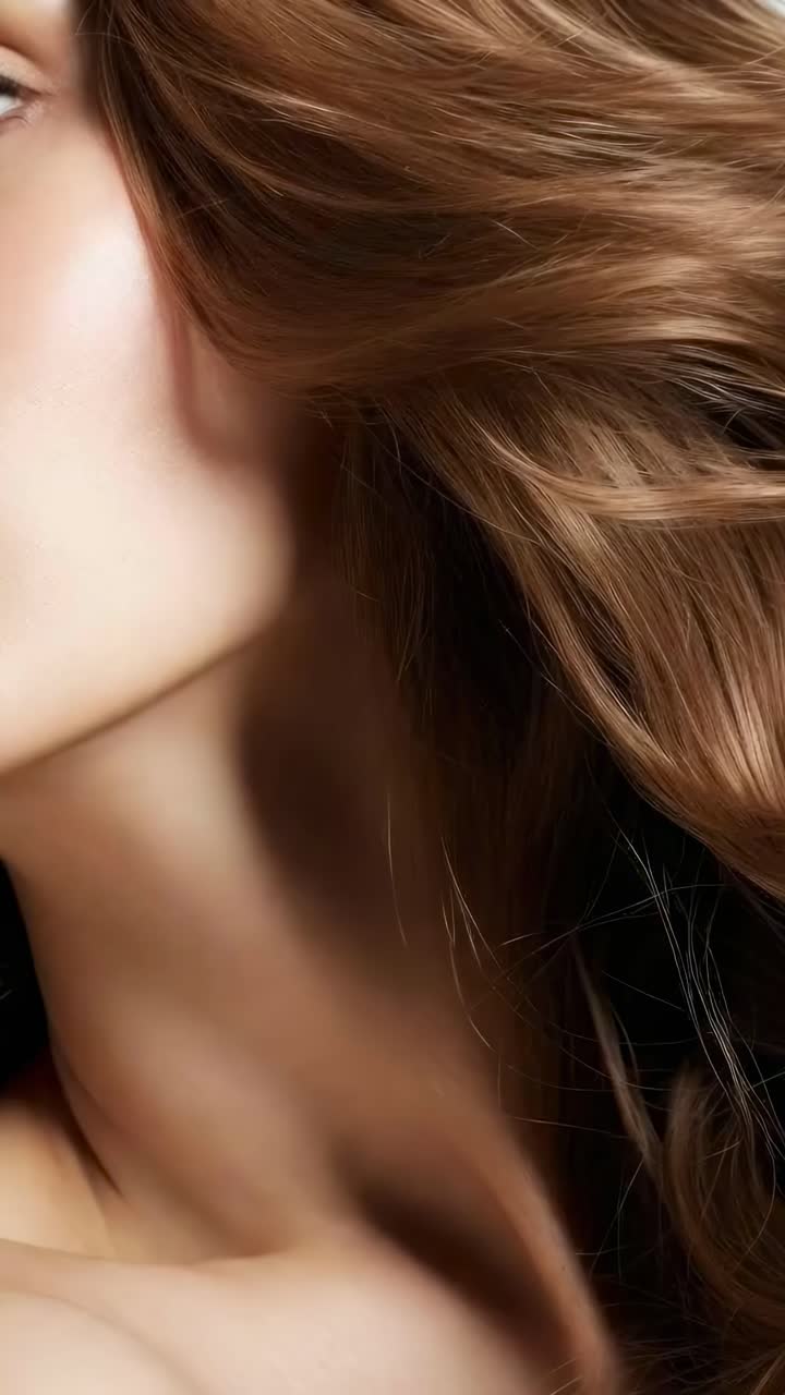Close-up video still of flowing brown hair, highlighting texture and shine