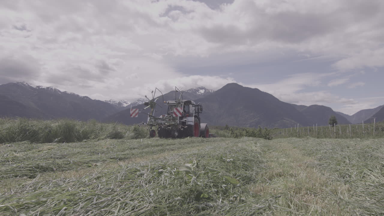 tractor cortando hierba en el campo, pradera alpina, dolomitas
