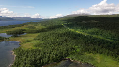 camper driving on long forest road near lake in scandinavia, aerial view