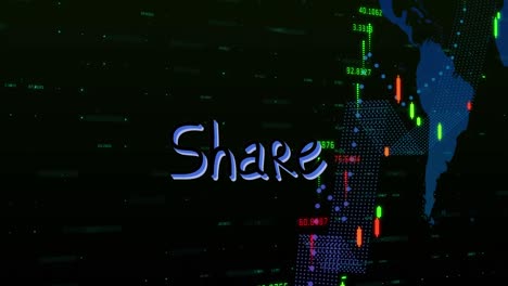animation of share text and data processing on black background