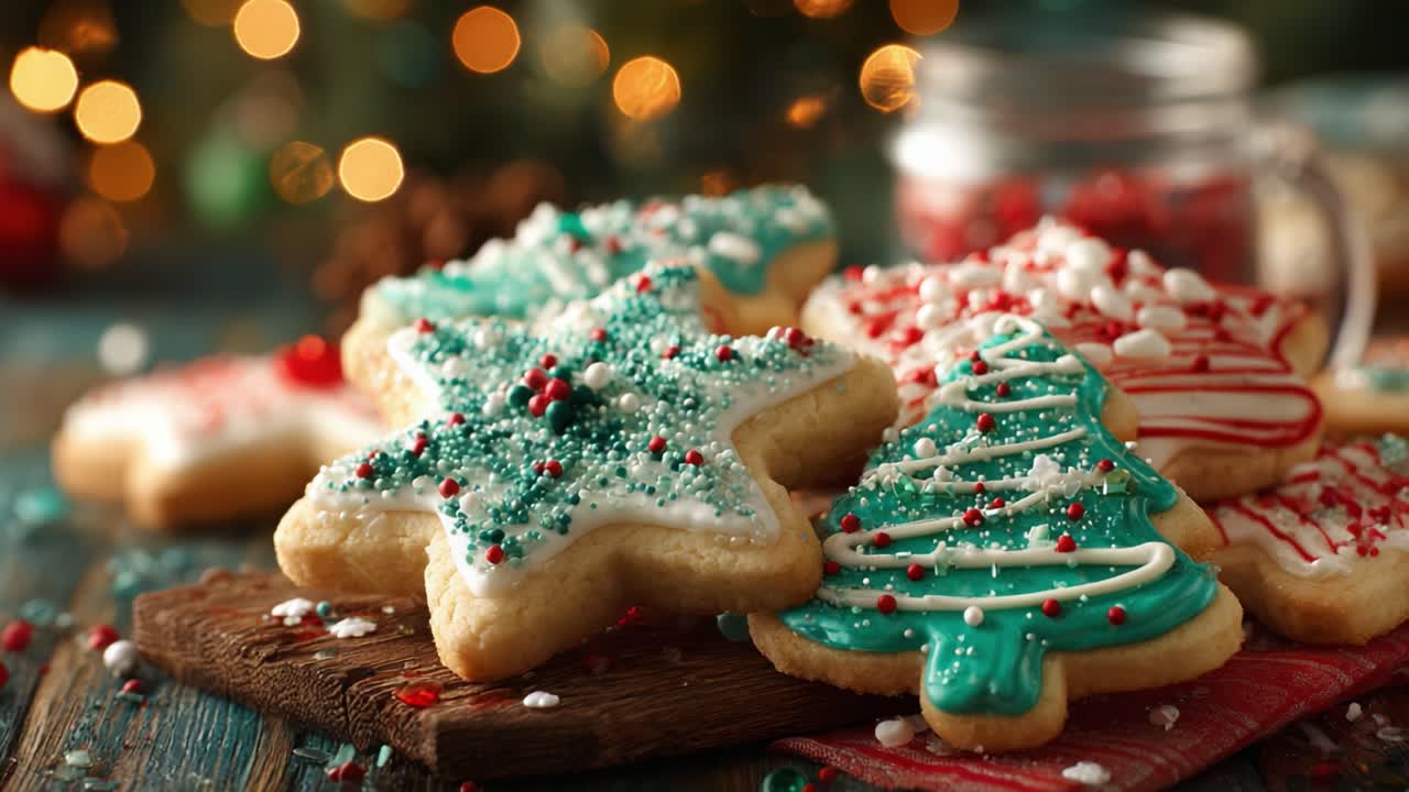 A Festive Display of Colorfully Decorated Christmas Cookies Exuding Holiday Cheer and Sweetness Against a Blurry Background of Twinkling Lights