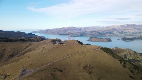 sugarloaf hill communication tower and port hills aerial landscape