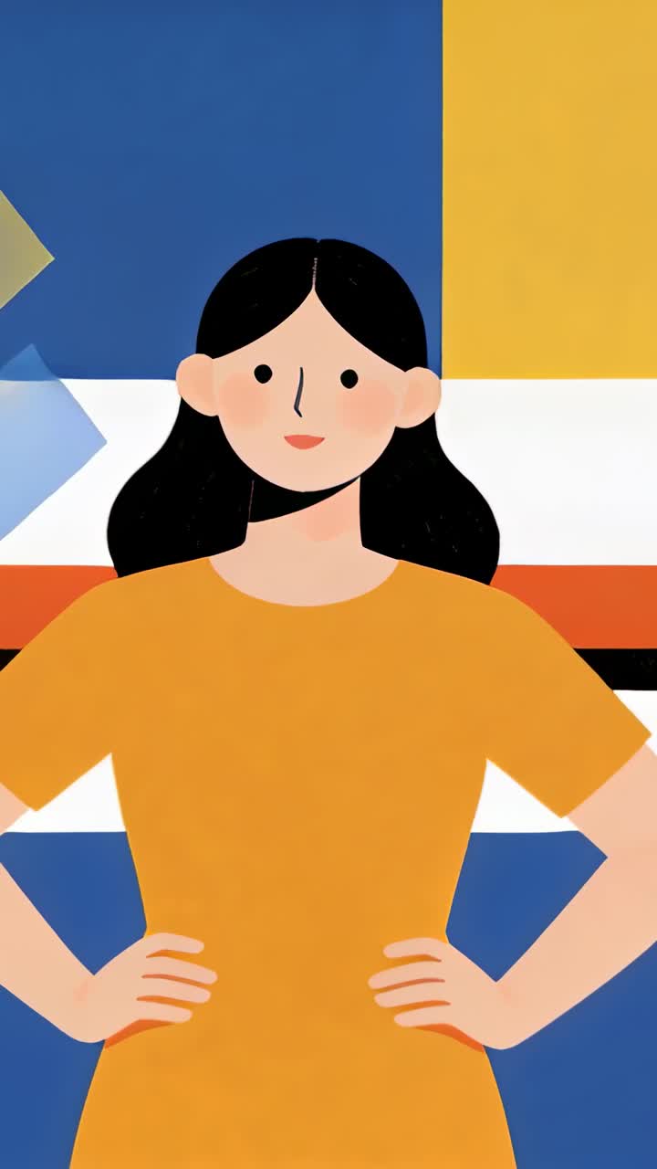 Video vertical: Mujer de dibujos animados posando, vestida de naranja e inclinándose en el set mientras las formas se deslizan desde el panel derecho.