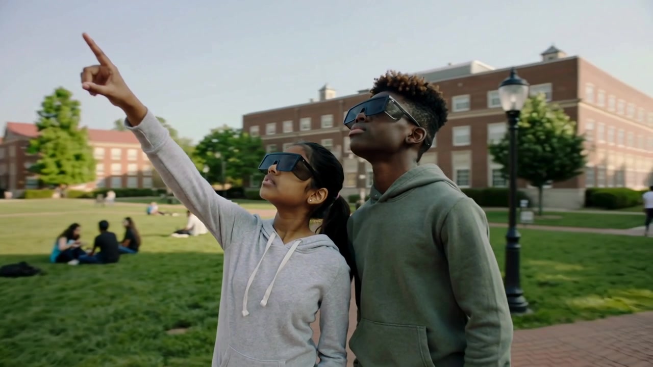 Pointing students viewing eclipse over quad, stepping brick path wearing eclipse specs and hoodies