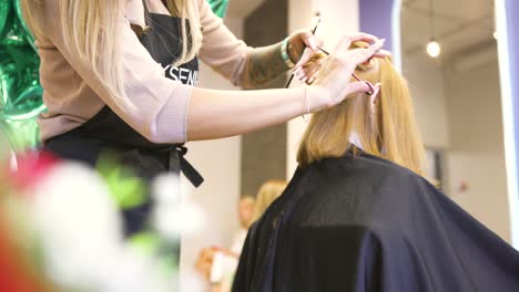 hairdresser styling a client's hair in a salon