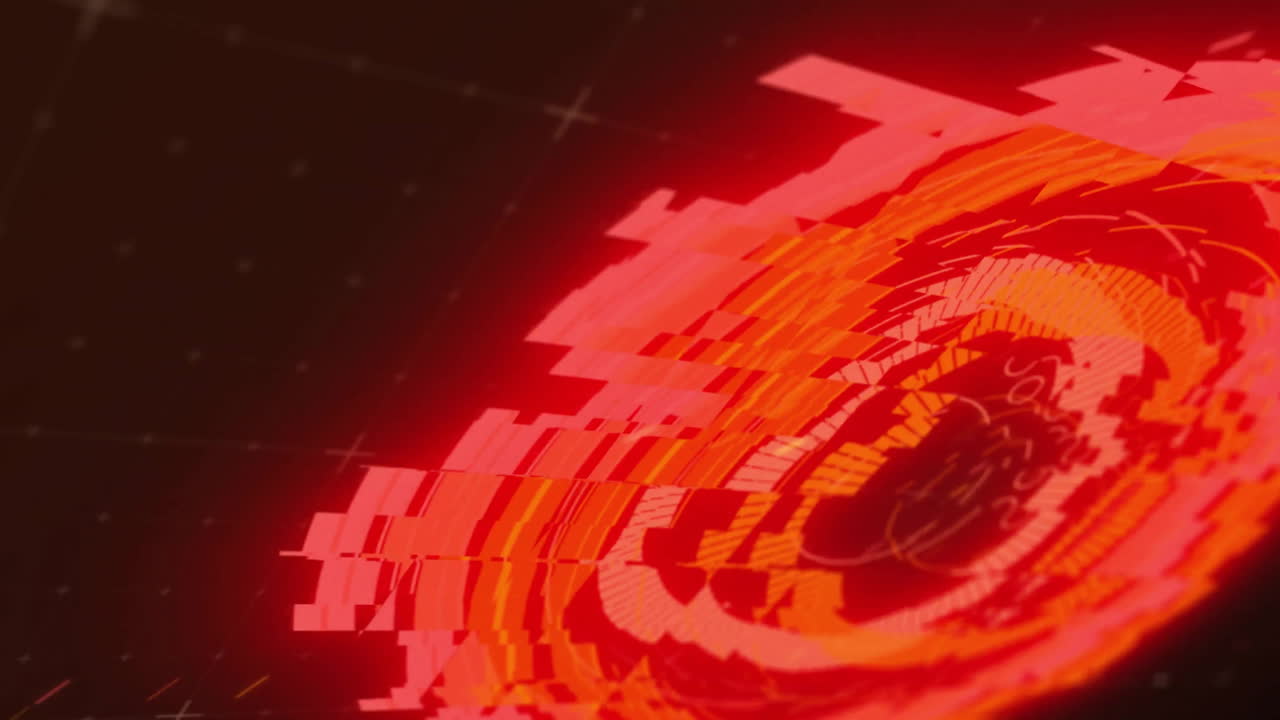 Red and orange digital vortex animation with pixelated patterns and dark background
