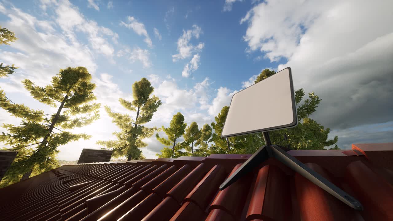 시골 집의 울타리에 위성 인터넷 수신기 접시의 3d 애니메이션.