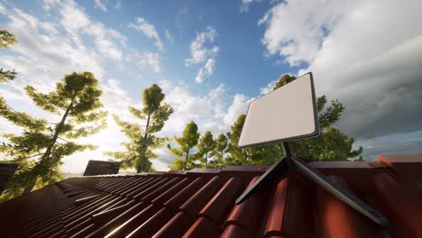 un tiro de animación en 3d de una antena receptora de internet por satélite en una valla de una casa rural.