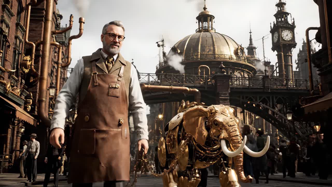 Steampunk Cityscape with Mechanical Elephant