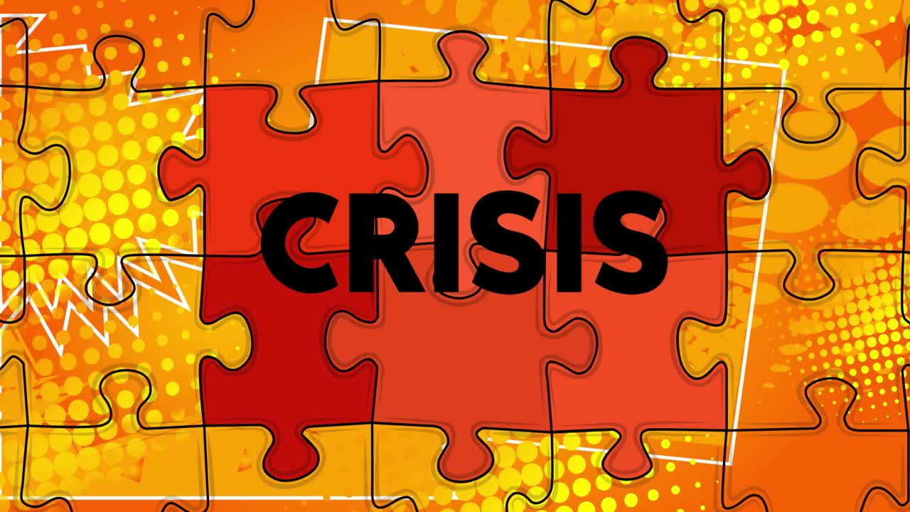 Puzzle pieces, elements connecting in order with the text Crisis.