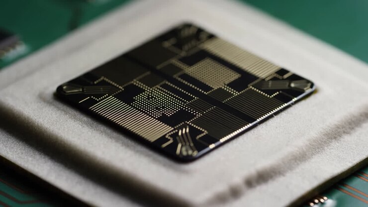 Nærbillede af en indviklet computerchip på et printkort