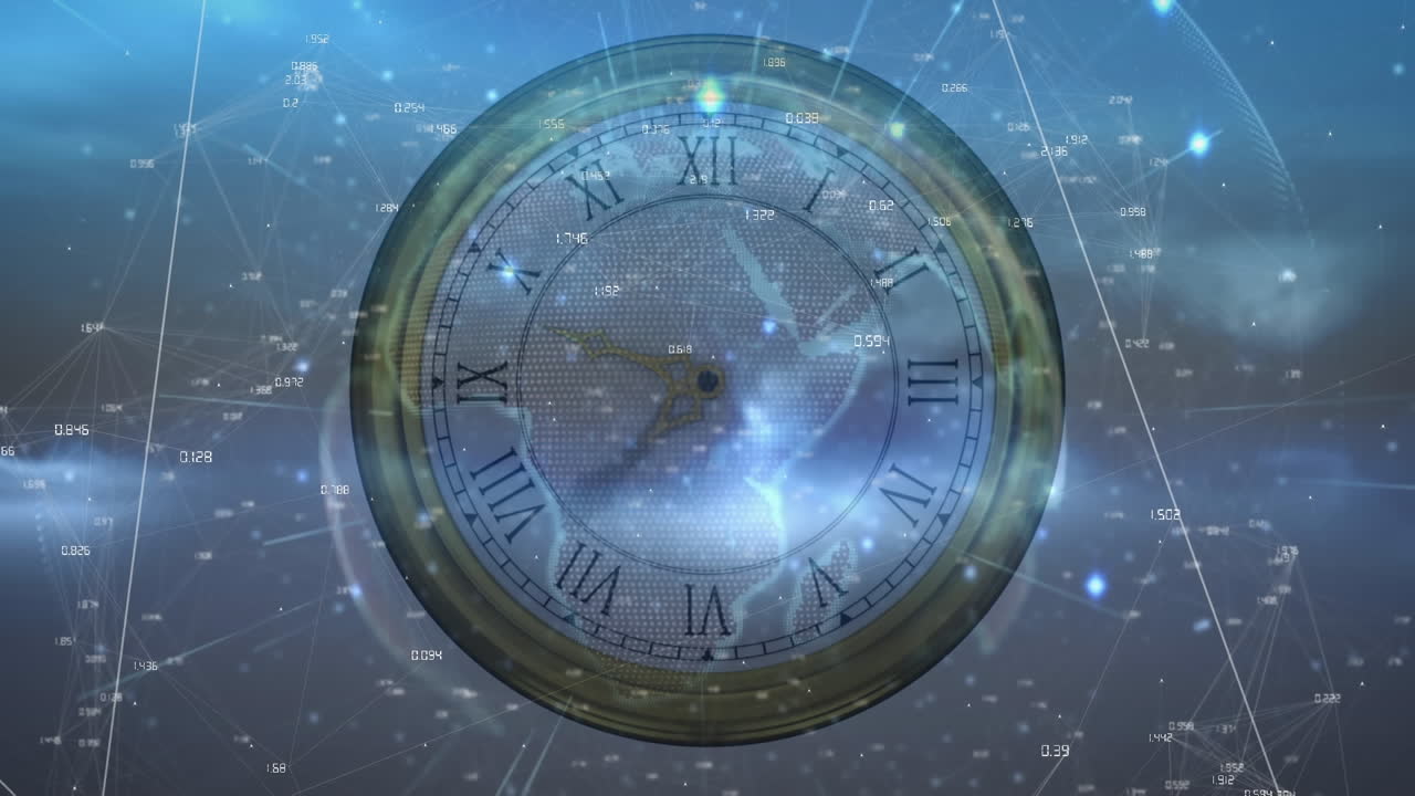 연결 네트워크의 애니메이션과 시계 이상 세계가 빠르게 움직입니다.