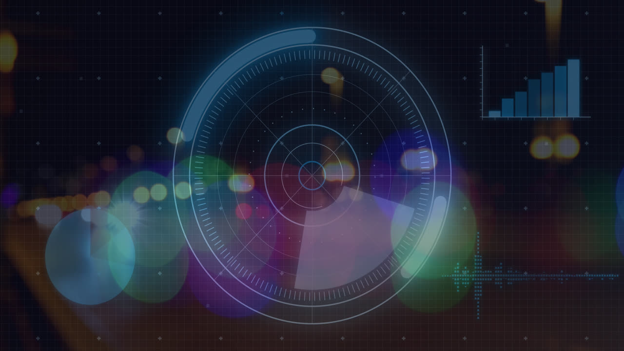 animación de radar, lenguaje informático, gráficos sobre el destello de la lente y vehículos en movimiento en la carretera