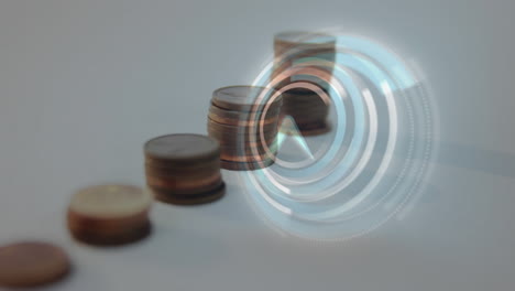 video compuesto digital del reloj digital haciendo tictac frente a múltiples pilas de monedas