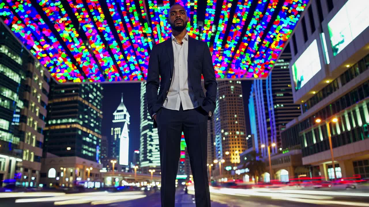Businessman standing confidently under vibrant, colorful lights in Dubai at night, with blurred city lights and traffic in the background, showcasing urban energy and nightlife