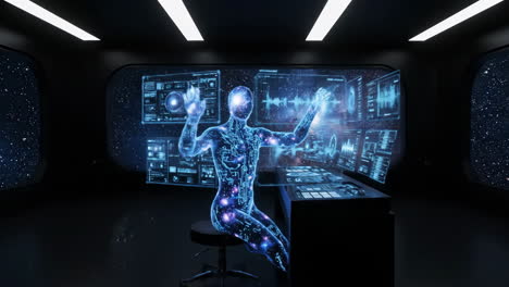 futuristic humanoid interacting with advanced holographic technology and space data