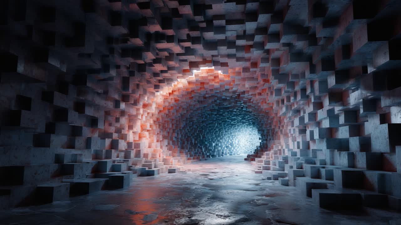 An Intriguingly Designed Cave with Geometric Patterns and Vibrant Lighting: A Stunning Journey Through a Unique, Abstract Underground Space