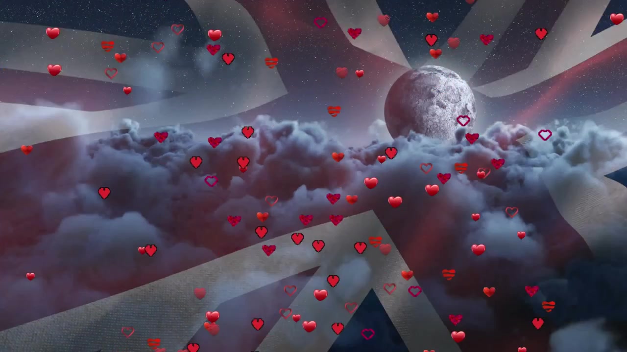 Animazione di icone di cuori rossi che fluttuano sopra una bandiera del Regno Unito sventolante, su nuvole scure e la luna nel cielo notturno.