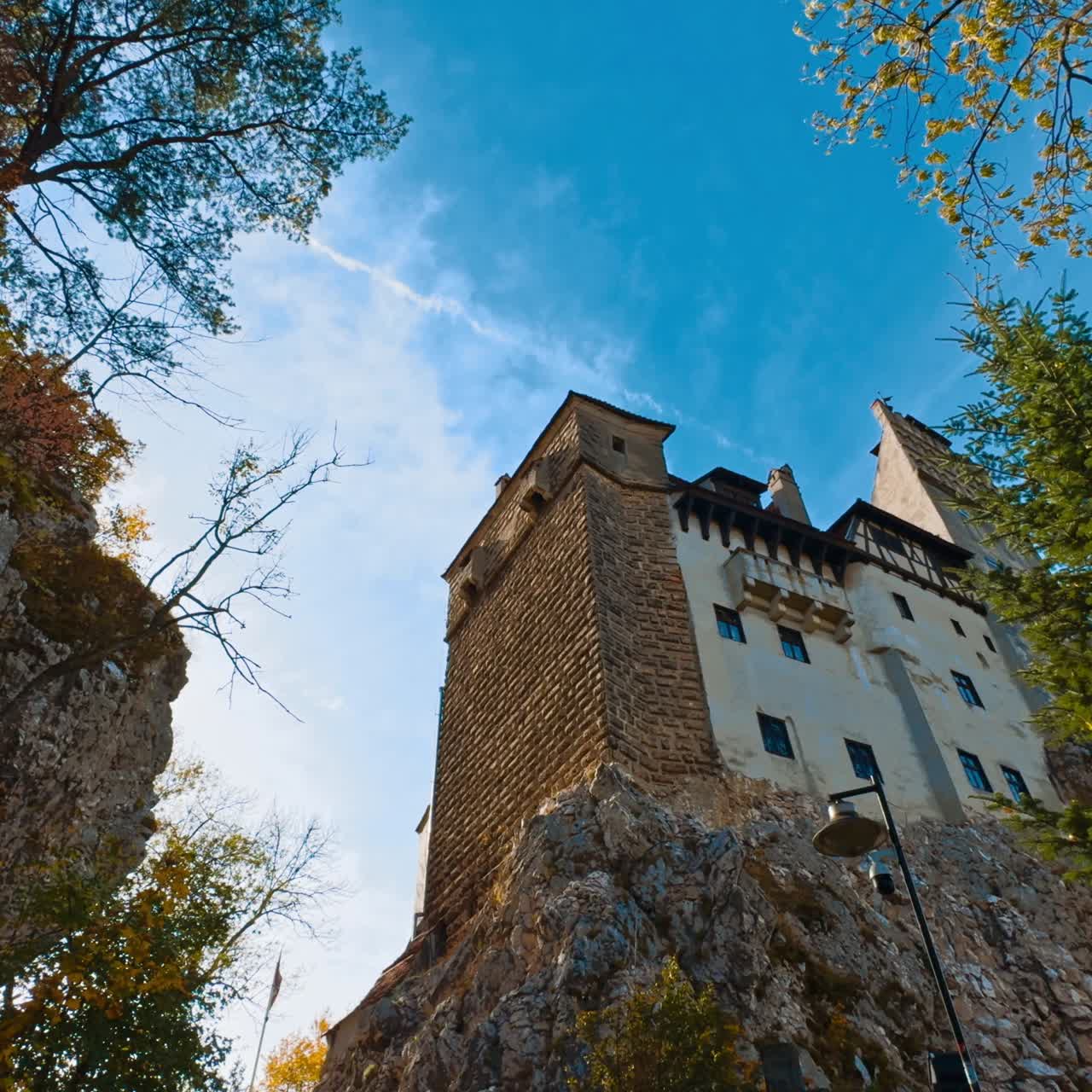 Rocce alte con foresta e castello sulla cima. Castello di Bran a Brasov, Romania. Angolazione dal basso