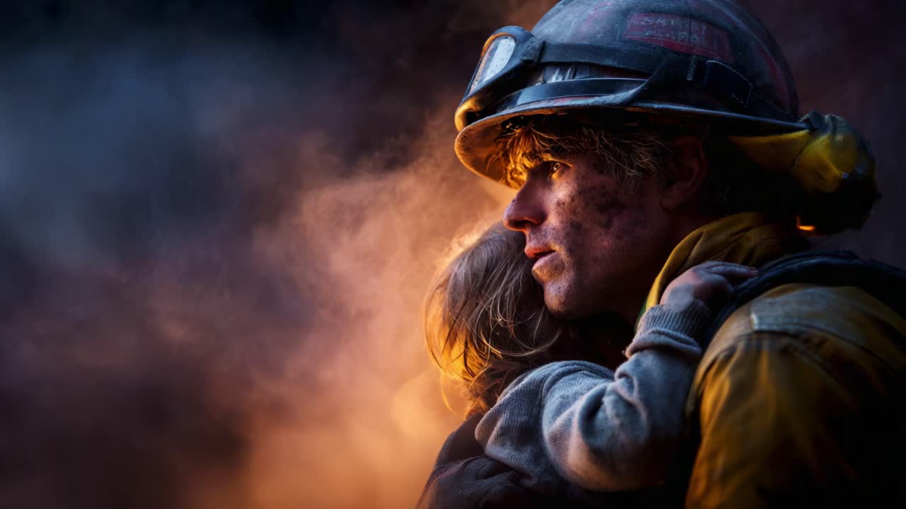 A Resilient Firefighter Cradles a Child in a Moment of Calm Amidst Devastation, Their Bond Symbolizing Hope and Resilience in the Face of Adversity and Challenge