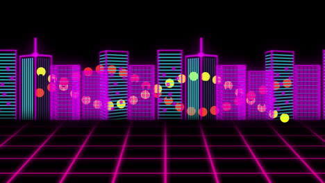 animación de una cadena de adn girando sobre el paisaje urbano y luces brillantes