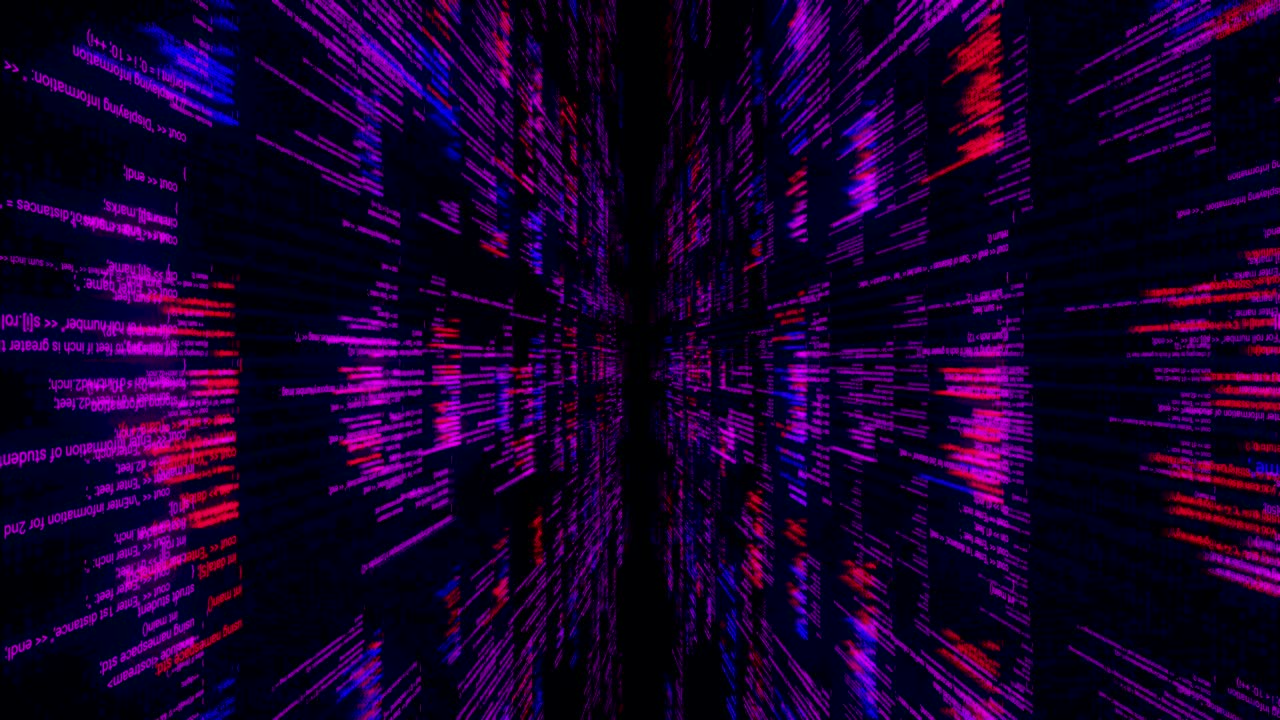 Programming code flowing on black background with 3D effect, seamless loop. Animation. Abstract technological pattern, concept of software development and computer script
