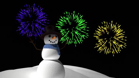 animation of snowman with colourful christmas and new year fireworks exploding in night sky