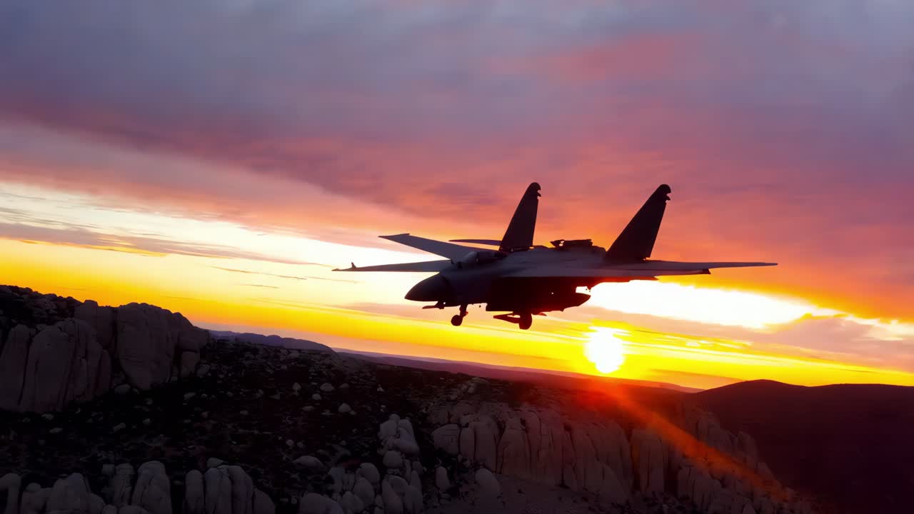 avión militar al atardecer sobre las montañas rocosas