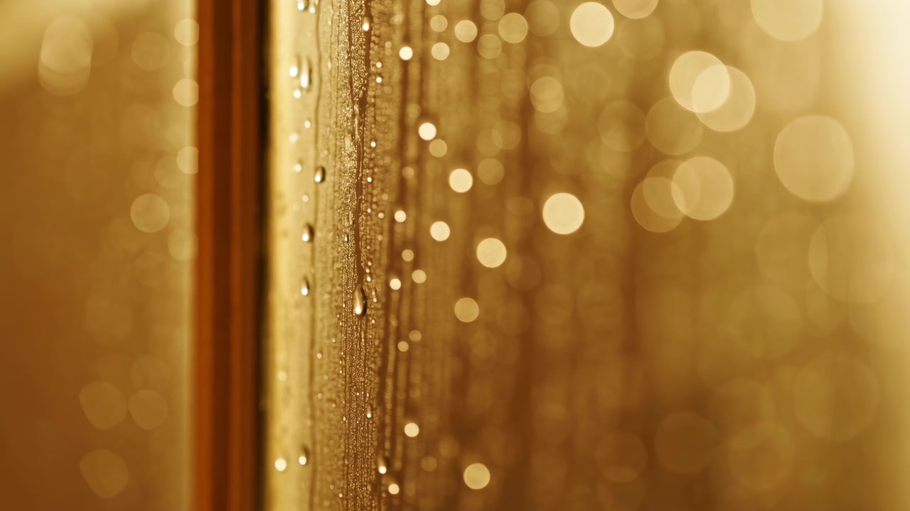 Vista ravvicinata di un vetro di finestra verticale coperto di goccioline d'acqua e condensa, con una morbida illuminazione laterale che evidenzia striature verticali e la texture delle goccioline.