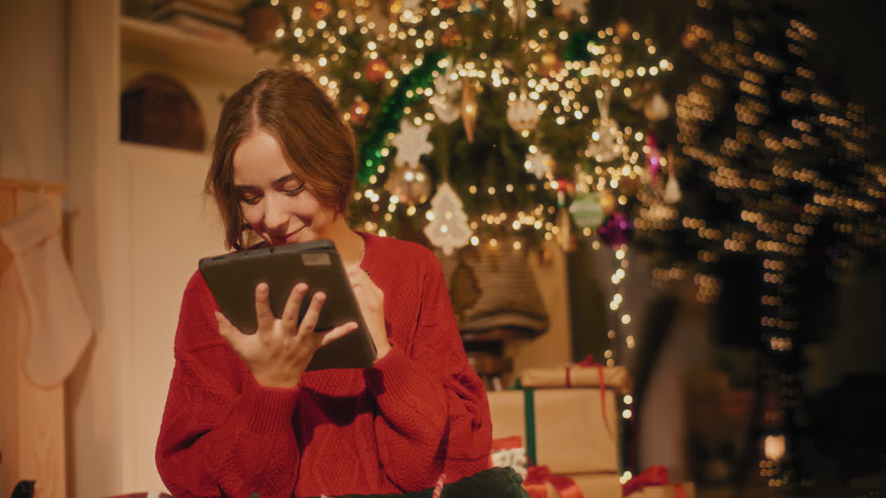 집에서 디지털 태블릿을 사용하는 웃는 여자