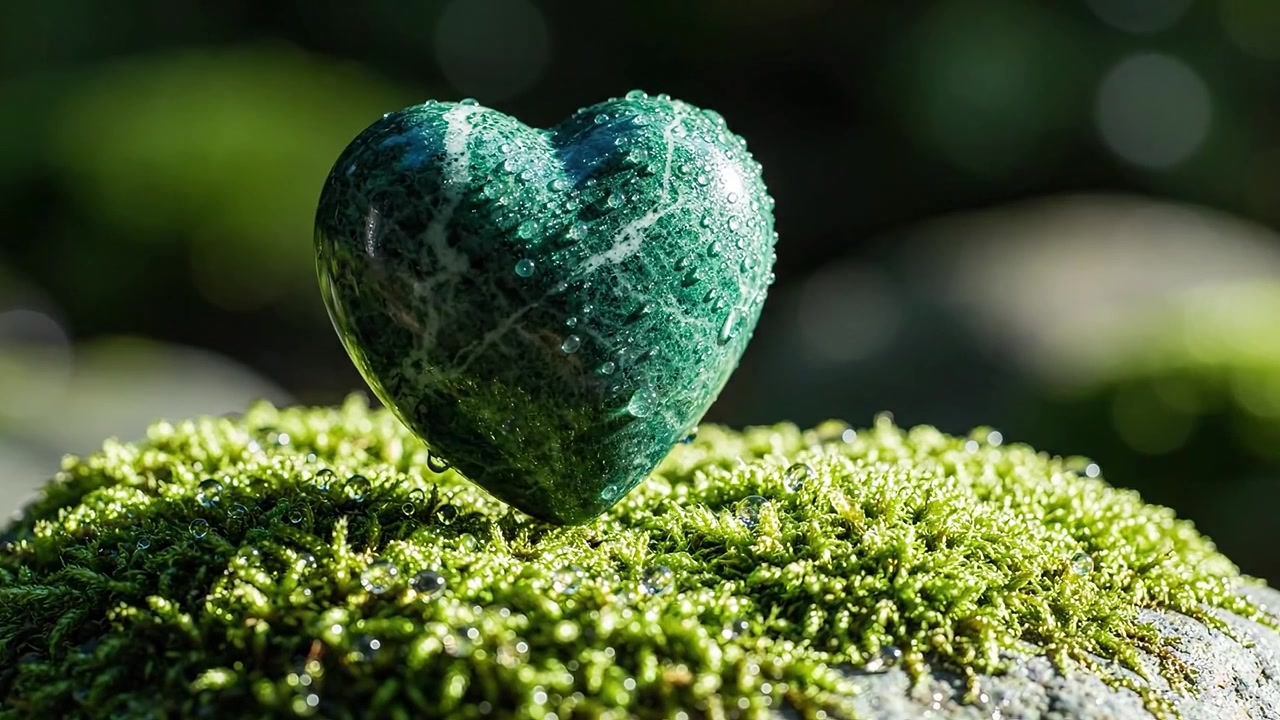 穏やかな自然の中で、露をまとったきらめく緑のハートが豊かな苔の上に静かに横たわる。これは愛と自然との深いつながりを象徴している。