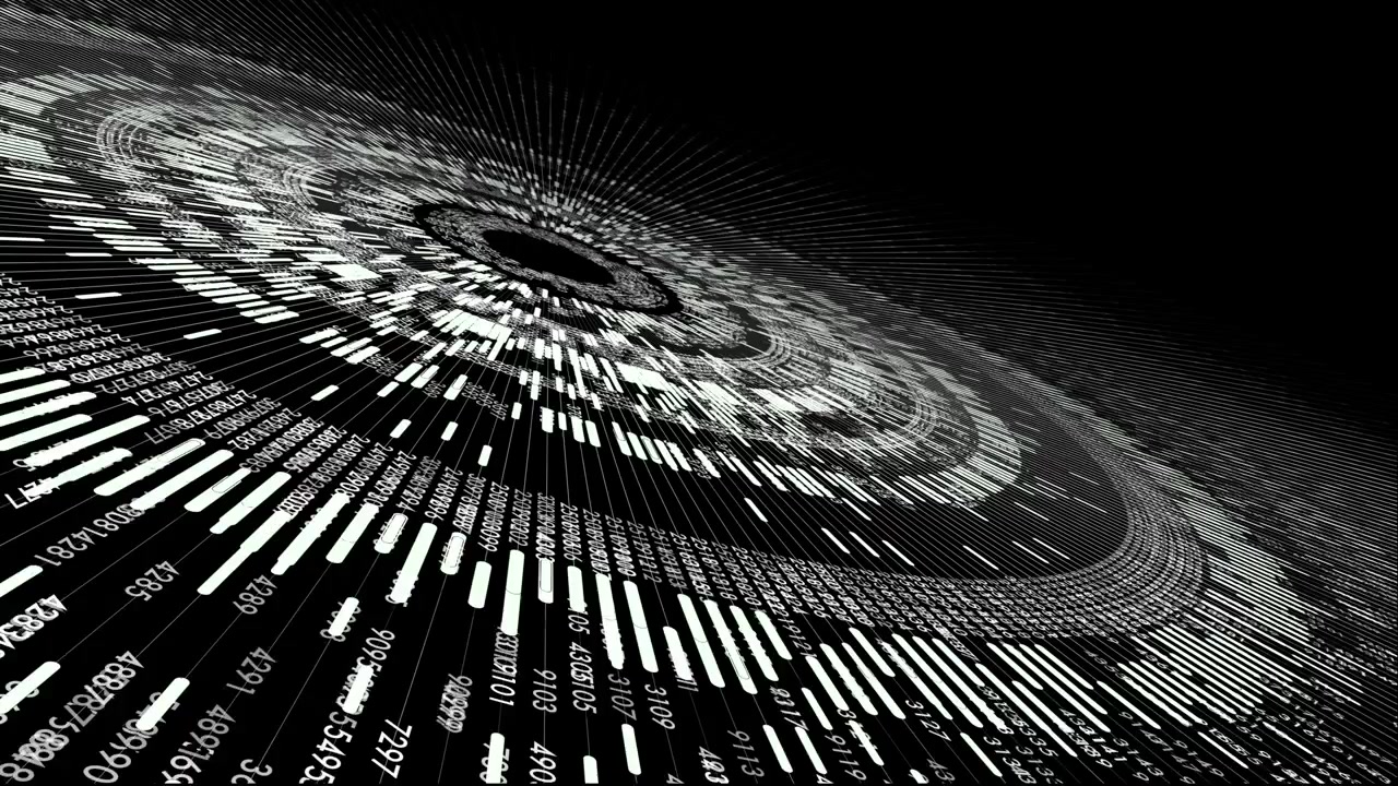 High-angle perspective of an spinning circular white digital data tracking ring. Designed for cloud computing overviews, cybersecurity tracking, and artificial intelligence networks.
