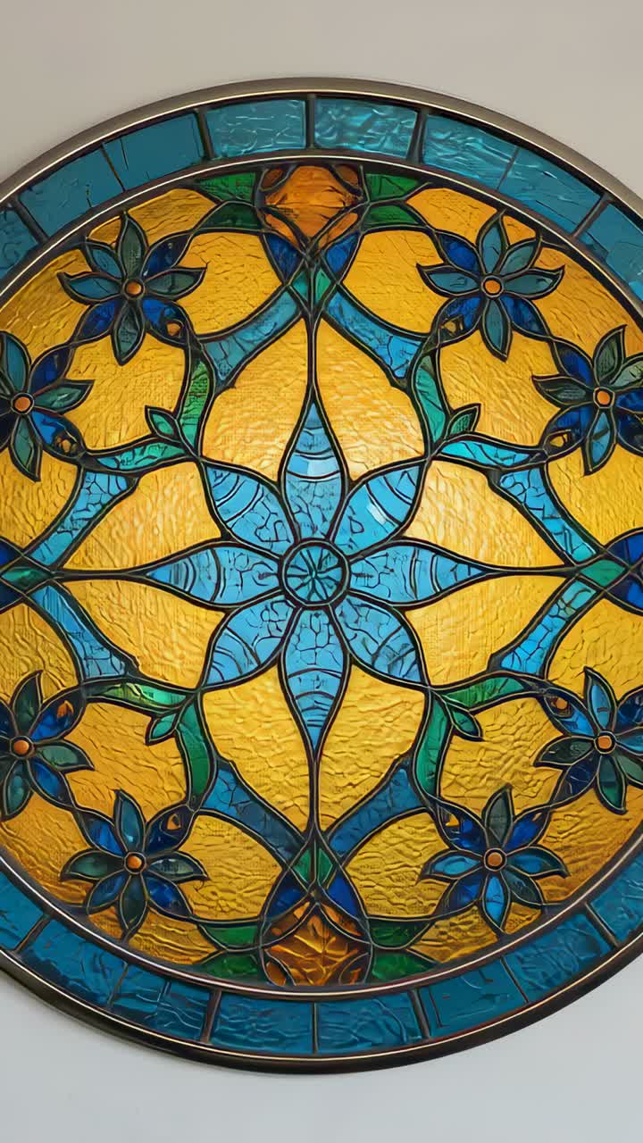 Vertical video: Moving camera revealing round stained-glass panel on pale wall, highlighting star