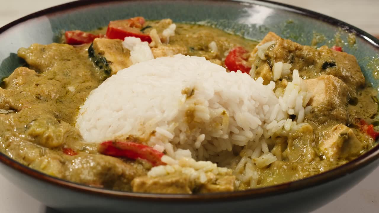 A bowl of Thai green curry with rice