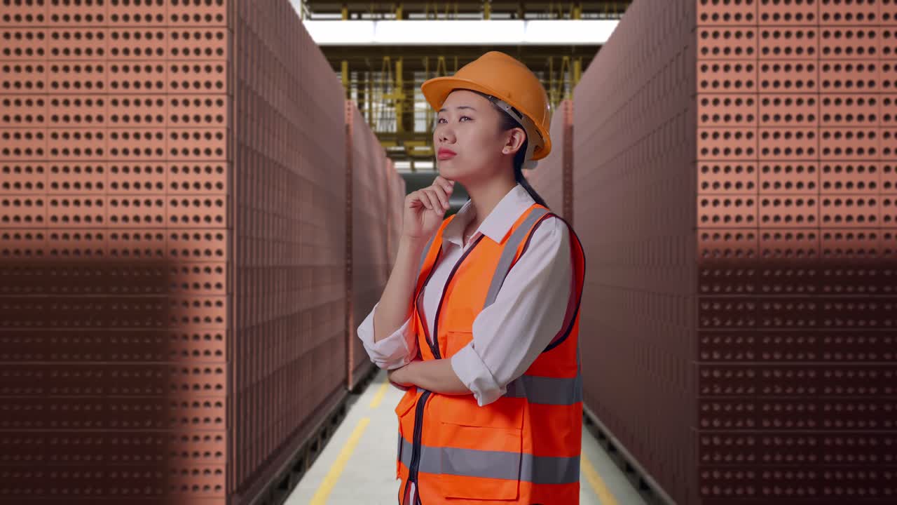 Asian Female Engineer With Safety Helmet Thinking About Something And Looking Around While Standing With Red Brick Packed in Stacks Are Stored