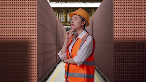 asian female engineer with safety helmet thinking about something and looking around while standing with red brick packed in stacks are stored