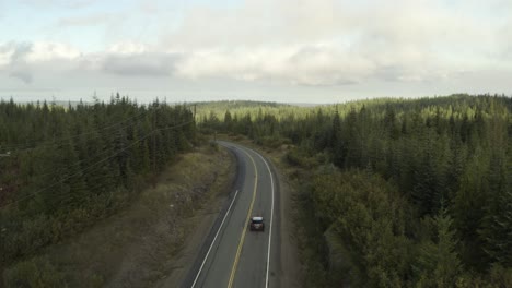 drone shoot of a grey car driving on a road in the middle of a forest on a cloudy day in 4k