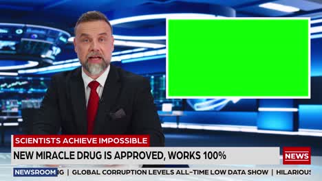 newsroom tv studio live news program: professional male presenter reporting, green screen chroma key screen picture. television cable channel anchor host talk. network broadcast mock-up playback