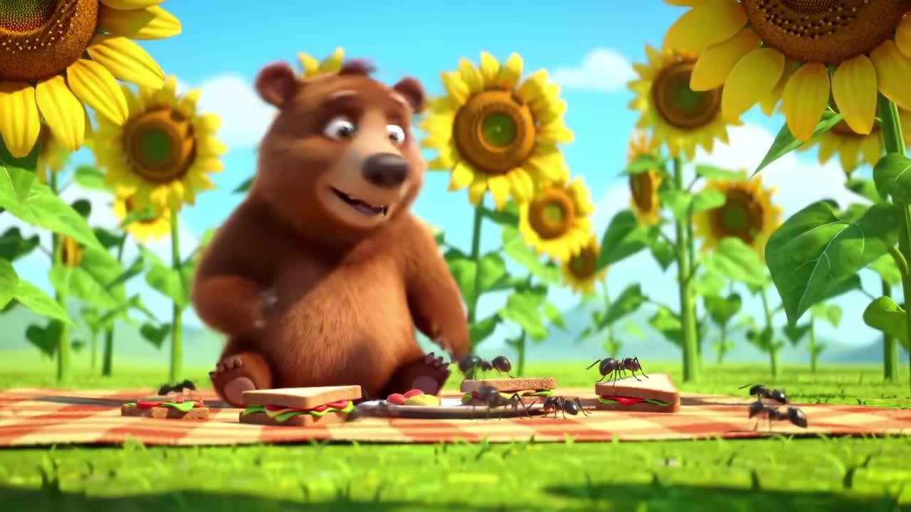 Cheerful Bear Enjoys a Picnic Surrounded by Sunflowers While Playful Ants Gather Around for a Delicious Feast in the Sunny Meadow