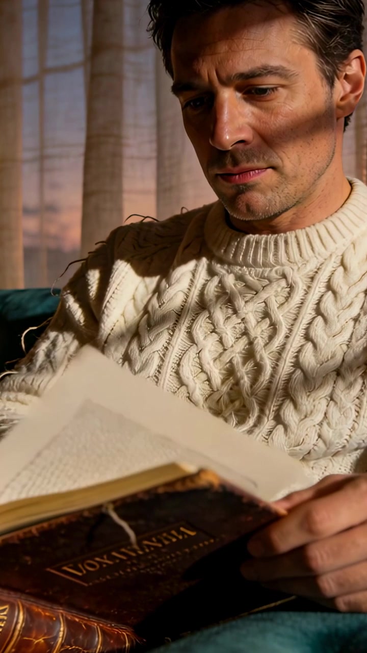 Vertical video: Reaching edge, man in sweater turning page to read on teal couch with leather book