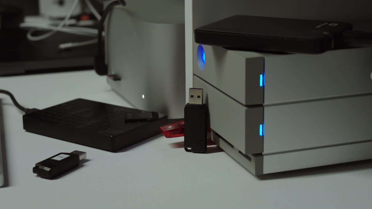 Nærbillede af eksterne drev og USB-sticks forbundet til en stationær server med aktive indikatorlys, der repræsenterer databackup, cloudsynkronisering og styring af digital lagring