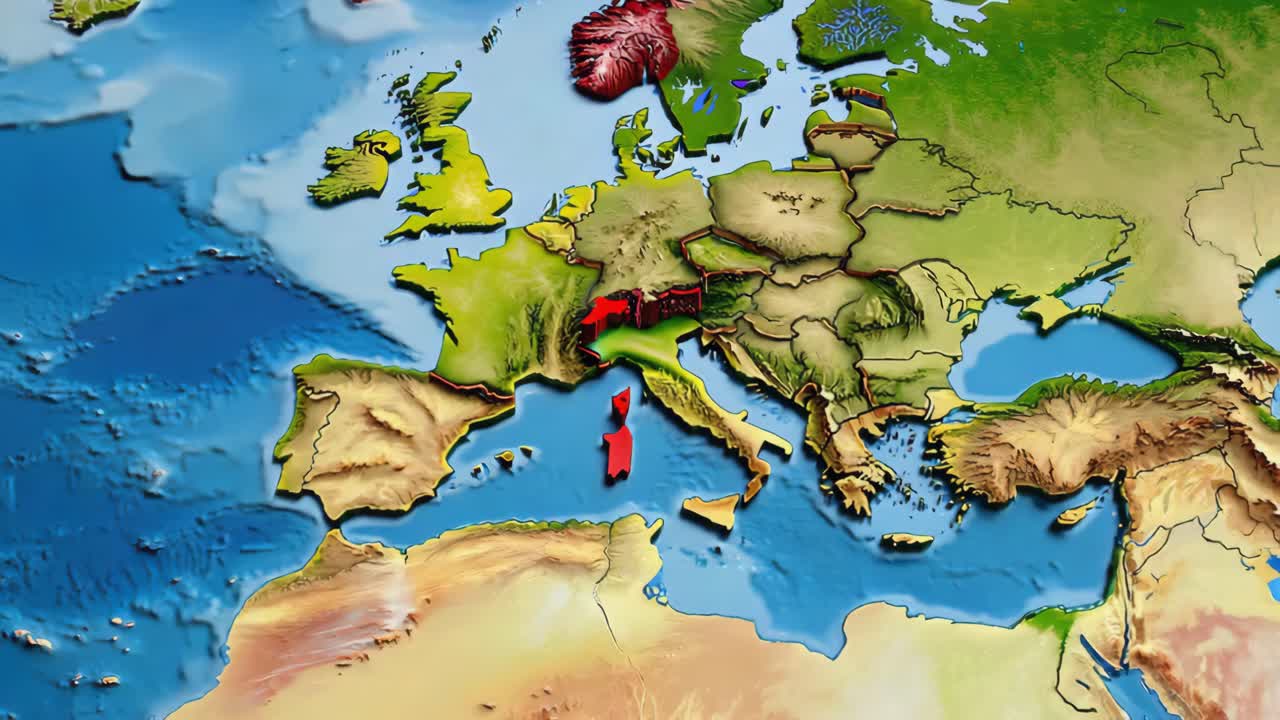 3D Relief Map of Europe Highlighting Switzerland, Corsica, and Sardinia