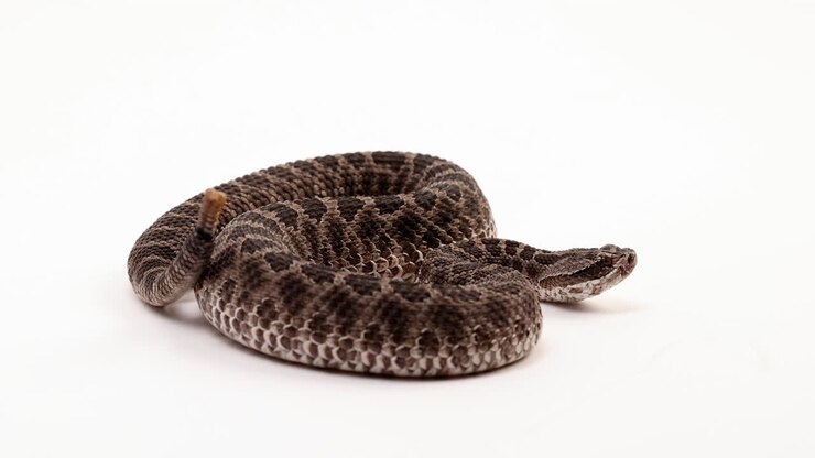 Massasuaga rattlesnake in defensive position rattles tail - side profile - isolated on white background