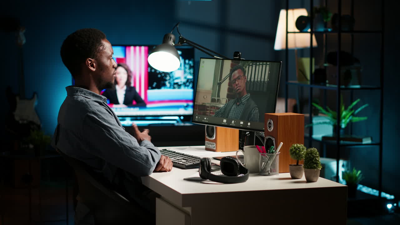 trabajador negro remoto se reúne con su líder de equipo a través de una llamada de videoconferencia