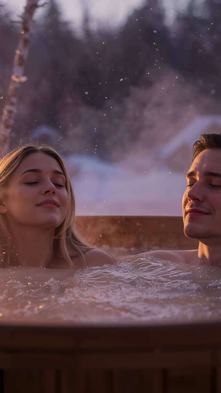 Video verticale: coppia sorridente in costume da bagno si scambia sguardi dopo che lei ha guardato nella vasca idromassaggio, con vapore che si alza