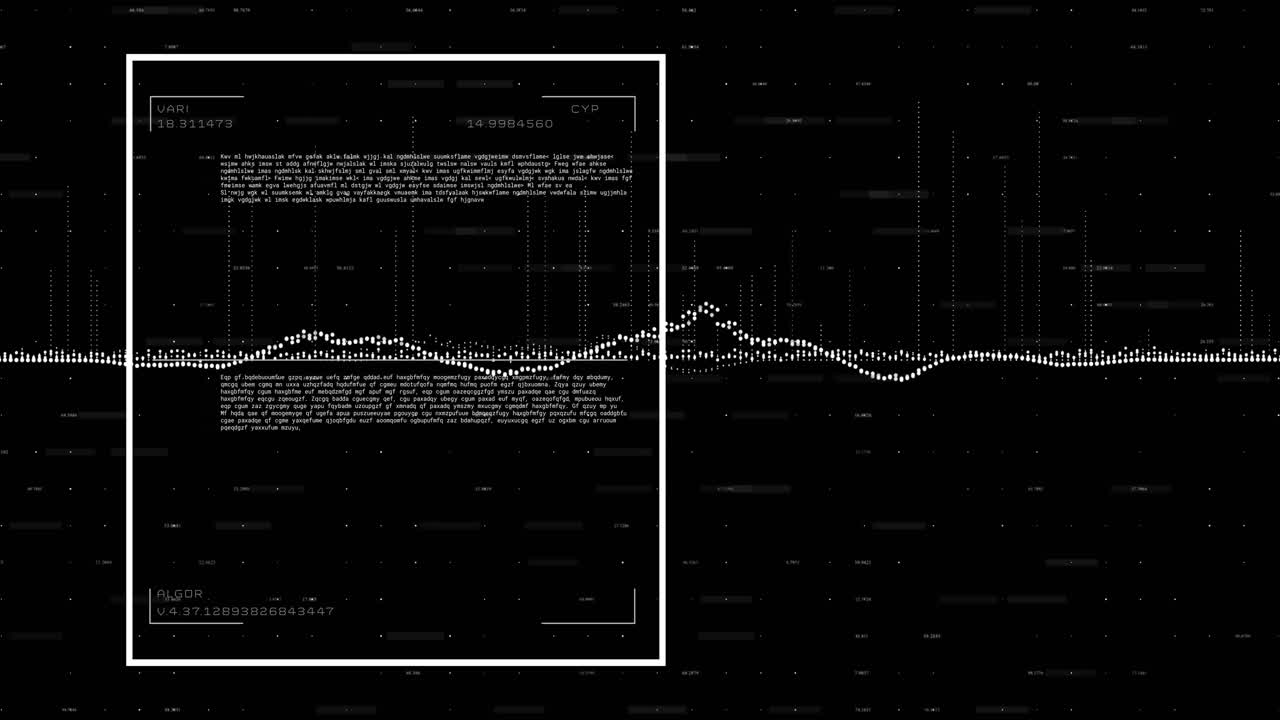Square outline appearing code text fading waveform bulging bars rising for insight