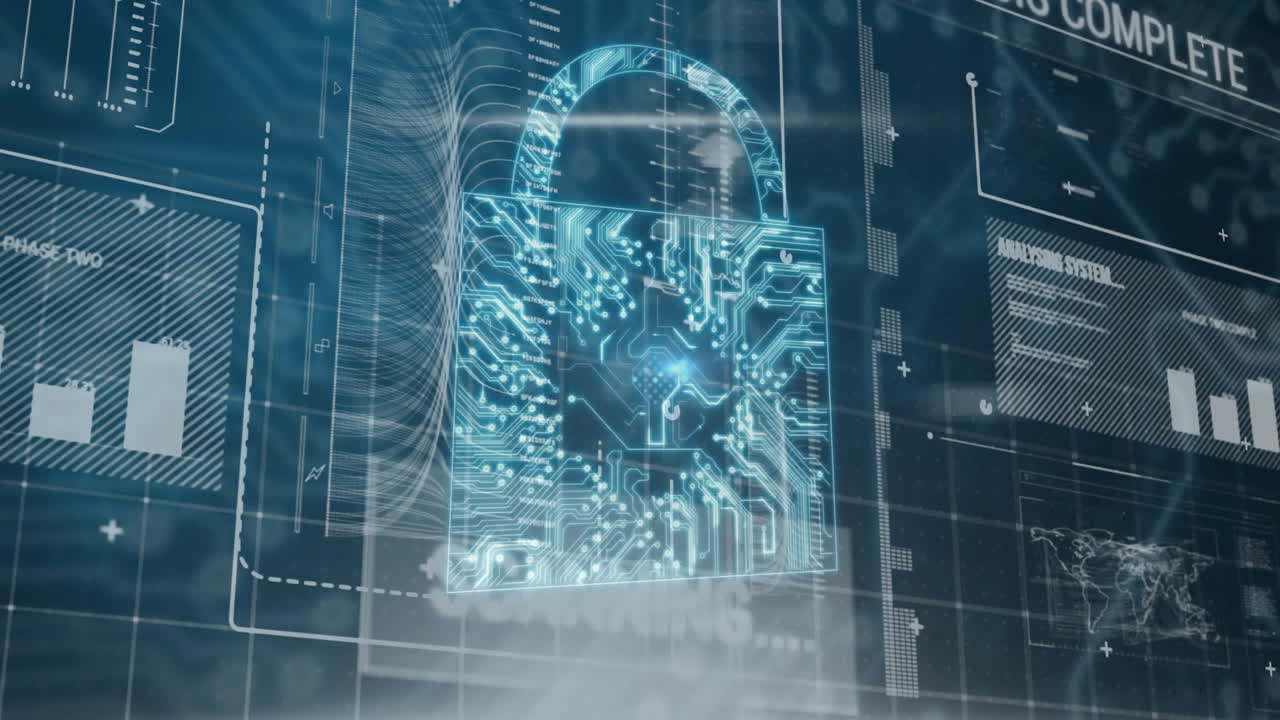 animación del candado y procesamiento digital de datos sobre fondo negro